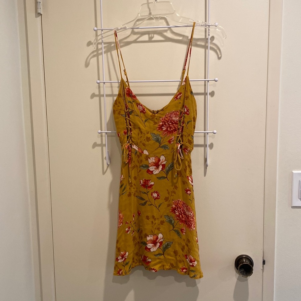 spaghetti strap mustard + floral print mini dress